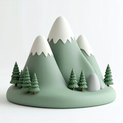 Stylized Green Mountains with Snowcaps and Pine Trees on White Background