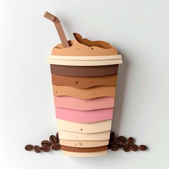 Artistic Layered Paper Coffee Cup with Straw and Coffee Beans on White