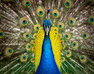 Regal peacock with vibrant plumage in full display, close-up view