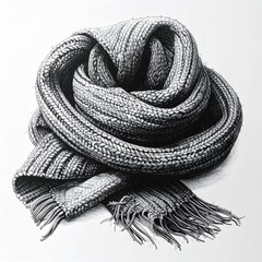 Monochrome Wool Scarf Knot Artwork in Black and White Hues on Plain Background