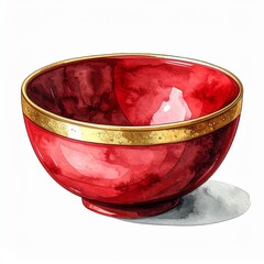 Watercolor Illustration of Shiny Red and Gold Bowl Isolated on White Background