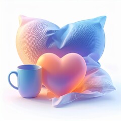 Pastel Heart Pillow and Mug Still Life with Soft Focus on White Backdrop