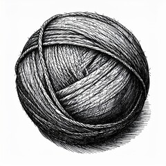 Monochrome Ball of Yarn in Detailed Black and White Illustration on White