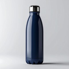 Navy Blue Stainless Steel Water Bottle on White Seamless Background