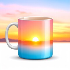 Ceramic Mug with Sunset Landscape Graphic on White Surface Against Sky