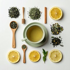 Overhead View of Green Tea Cup with Lemon and Herbs on White Surface