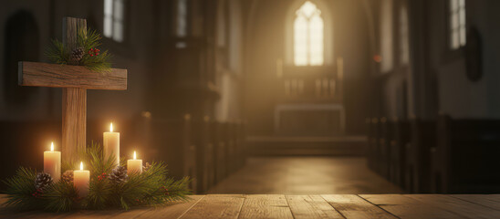 Fototapeta premium Wooden cross decorated with pine branches and candles inside church during sunset, creating warm