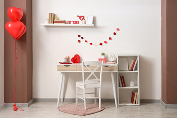 Interior of office decorated for Valentine's Day with workplace, bookshelves and balloons © Pixel-Shot