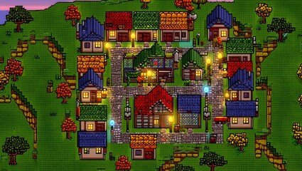 Fototapeta premium Top-Down Pixel Art Medieval Town Map for RPG Game Design