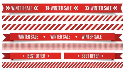 A collection of red banners and ribbons with winter sale and best offer labels on a white background