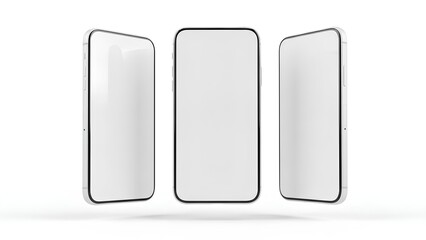 Three white smartphones with blank screens displayed at different angles on a plain white background