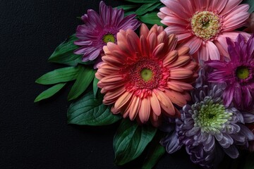 Vibrant gerberas and chrysanthemums with leaves against a dark, textured backdrop