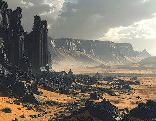 Ruins and cliffs stand in a sandy desert under a dramatic, cloudy sky