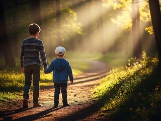 Obraz premium Two Little Boys Walking Together in Sunlit Magic Forest. Generative Ai