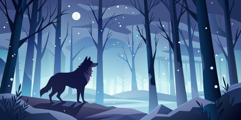 Winter forest landscape with wolf silhouette under full moon, snowy weather, minimalist flat vector art with cold color palette, graphic design. © Hafiz