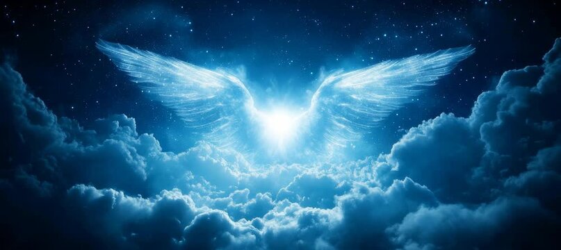Angel wing on heaven clouds space. Religion faith worship spirituality concept. Generative video AI technology.