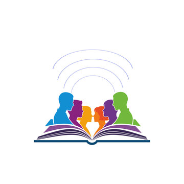 Stylized vector illustration for International Mother Language Day featuring an open book with abstract human figures