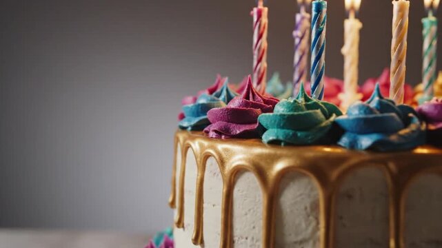 A close-up of a multi-colored birthday cake with candles lit on top, dripping with golden icing, against a plain grey background.
