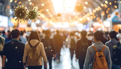 Composite image showing a crowded public space with blurred figures and floating virus particles suggesting pandemic concerns