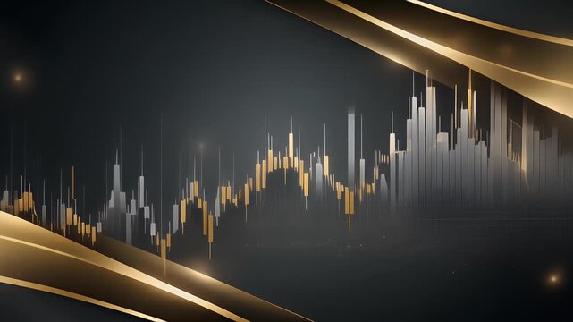 Dynamic financial market data visualization with an elegant dark and gold background, showcasing business growth, investment trends, and technological analytics
