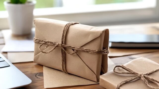 Wrapped packages on a wooden table beside a laptop and office supplies during daylight hours