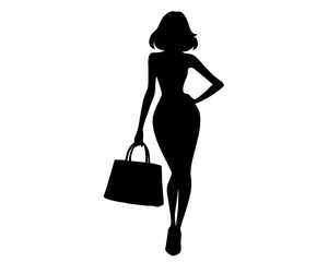 silhouette of a woman holding a bag, icon isolated on white background, silhouette of model 1
