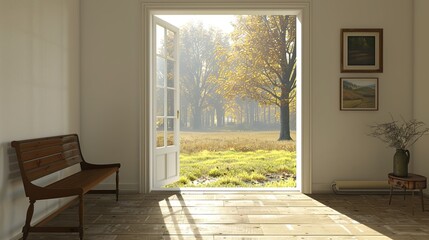Fototapeta premium Modern and Stylish Entrance Hall with Simple Design, Glass Window, and Natural Light 
