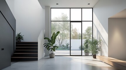 Fototapeta premium Modern and Stylish Entrance Hall with Simple Design, Glass Window, and Natural Light 
