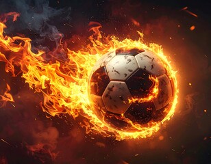 A soccer ball engulfed in flames, creating a fiery spectacle