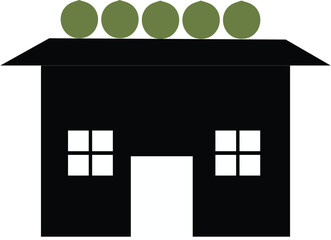 black house silhouette icon with green circular roof decorations isolated on white background