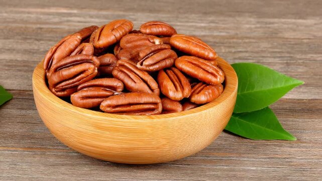 Bowl of pecans on a wooden table with green leaves beside it
