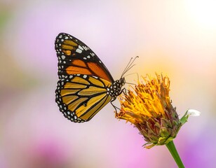 Fototapeta premium Close-up of a butterfly with orange and black wings perched on a blooming yellow flower, soft background