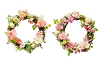 Beautiful floral wreaths with pink and white roses on transparent background