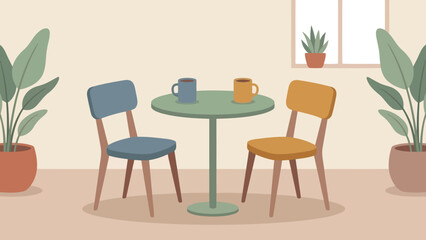 Round table with three colorful chairs in cozy interior.