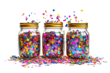 Vibrant star-shaped confetti in glass jars with gold lids on transparent background
