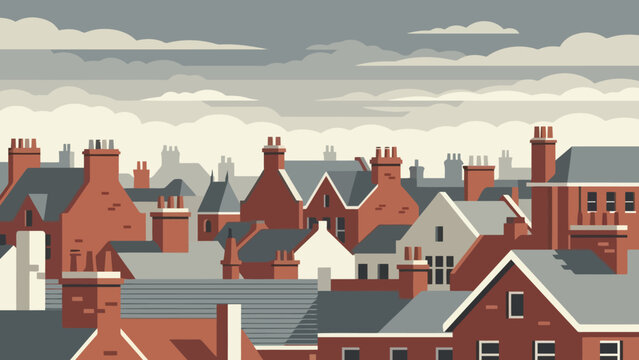 Row of Red Brick Rooftops in a Quiet Town.