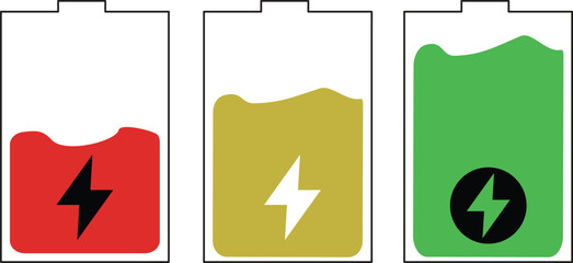 set of vertical battery icons with fluid wave levels and lightning bolt symbols showing charge status