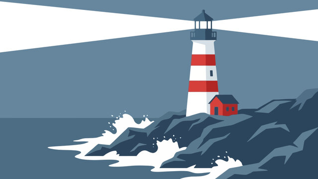 Lighthouse Standing On Rocky Coast With Waves.
