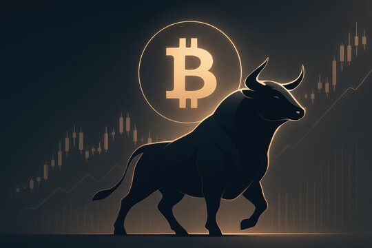 Bullish bitcoin trend: cryptocurrency market growth and bull symbol with rising chart