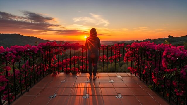 Woman Standing on Boardwalk at Sunset.