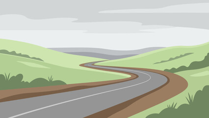 Winding country road through green hills landscape.