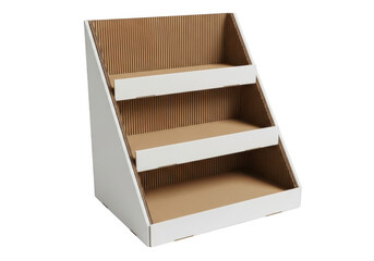 Empty white cardboard product display stand on transparent background