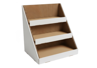 Empty white cardboard product display stand on transparent background
