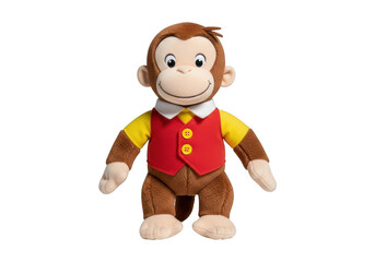 Cute monkey plush toy wearing red vest and yellow shirt on transparent background
