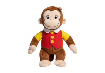 Cute monkey plush toy wearing red vest and yellow shirt on transparent background