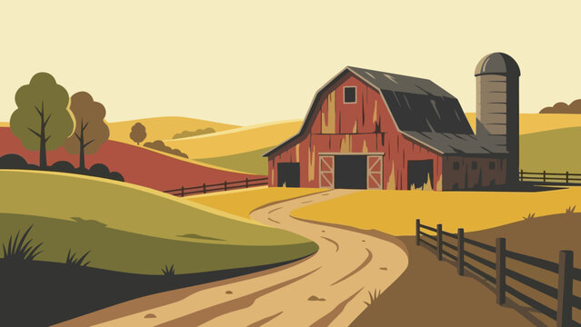 Rustic Farm Barn with Weathered Exterior on Rolling Grounds.