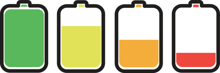 set of battery level icons showing charge status from full green to low red
