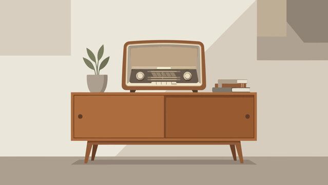 Vintage tabletop radio on mid century console.