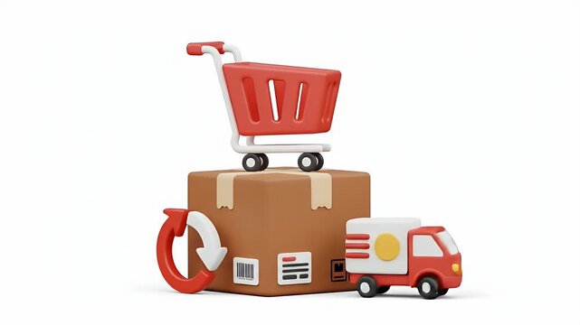 3D Icon Animation of Shopping Cart Delivery and Return Process