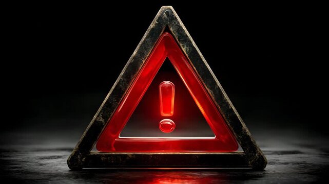Warning sign with bright red alert symbol on a dark background creating a strong visual message for attention and caution